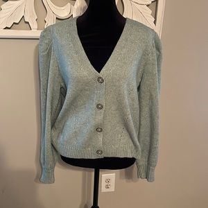 Sage green sweater. V neck, button up, puff sleeve.